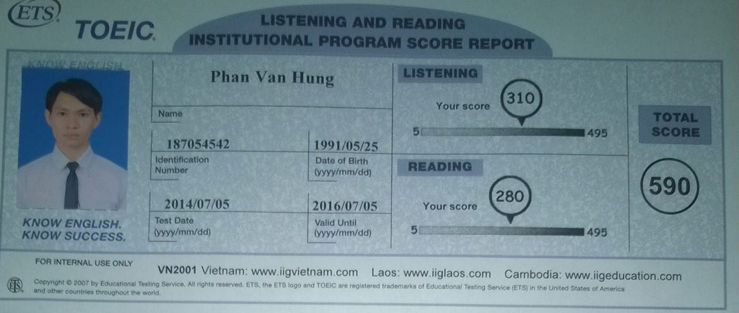 Phan Văn Hưng thi được 590 điểm Toeic ngay sau 1 khóa học